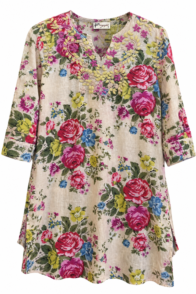 Trestles Clothing Company floral V-neck tunic in lightweight cotton with delicate embroidery and boho vintage style